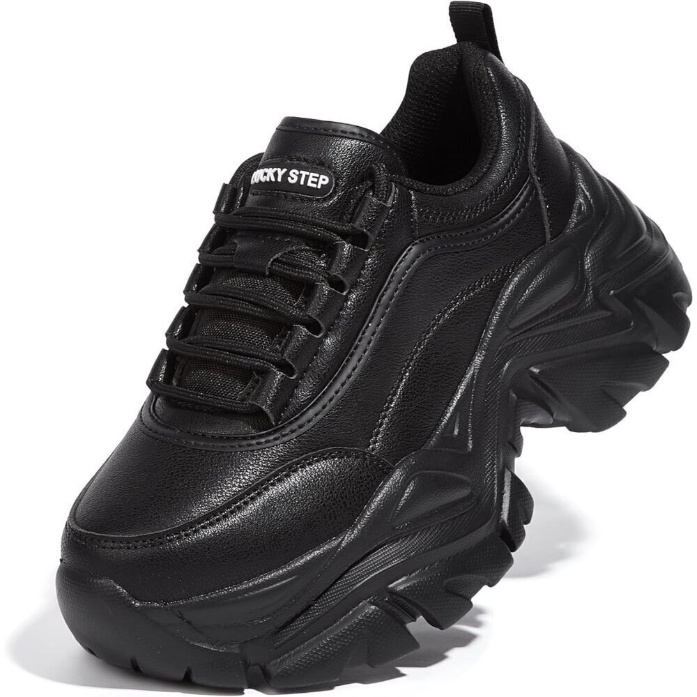 Women's Black Chunky Rubber Platform Casual Lace-Up Walking Sneaker Shoes